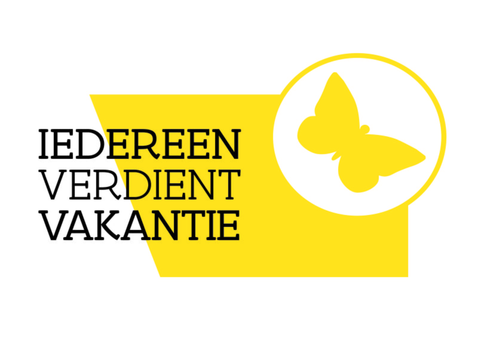 Logo van Iedereen Verdient Vakantie met een gele vlinder en de tekst 'IEDEREEN VERDIENT VAKANTIE' in zwarte letters op een gele achtergrond.