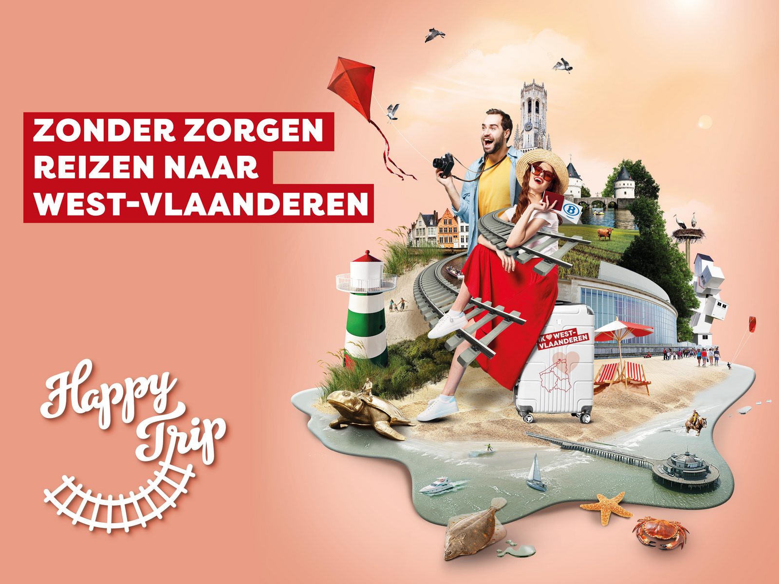 Deze afbeelding toont een promotiecampagne voor zorgeloos reizen naar West-Vlaanderen. Het bevat een collage van toeristische attracties zoals een vuurtoren, stranden, historische gebouwen en natuurgebieden. Een koppel geniet van hun reis met een camera en koffer, wat een ontspannen sfeer uitstraalt. De tekst "Zonder zorgen reizen naar West-Vlaanderen" en "Happy Trip" benadrukken een stressvrije vakantie-ervaring.