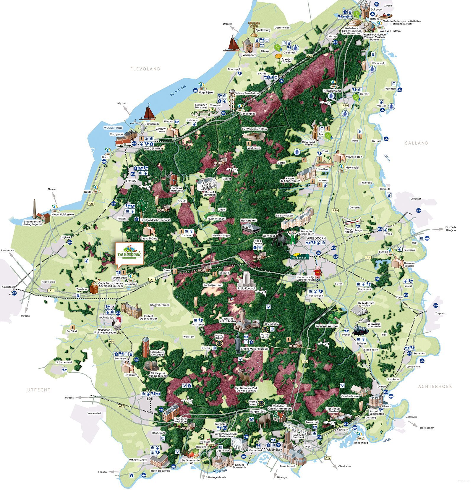 Map of activities and attractions in the area of De Boshoek in Voorthuizen