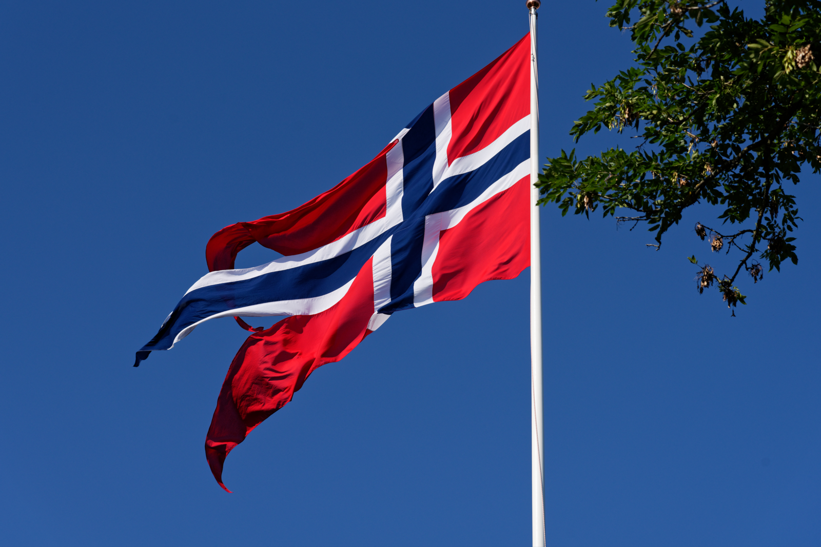 De Noorse vlag die in de wind staat.