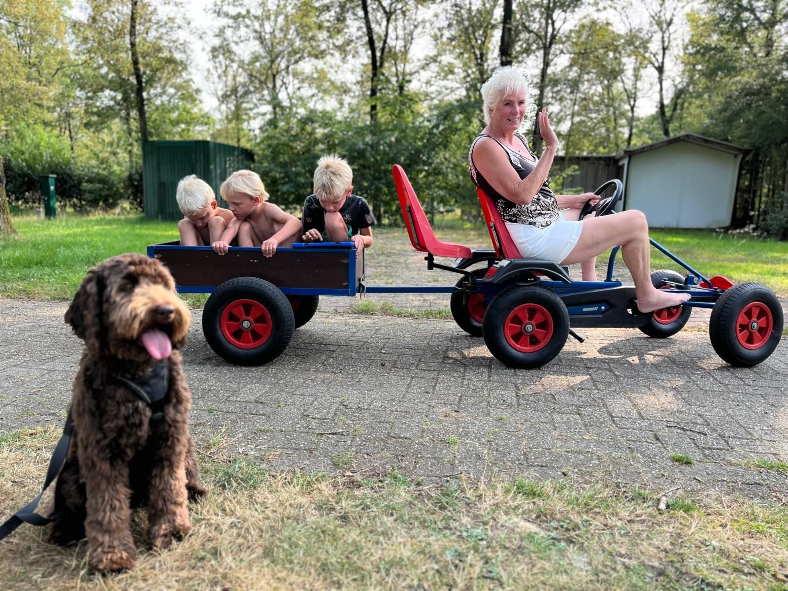 Oma met kinderen op skelter