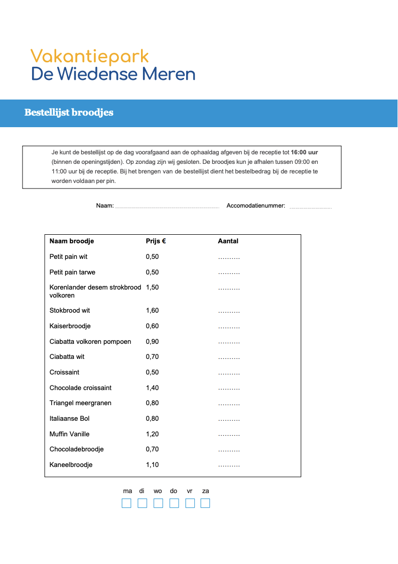 Broodjeslijst De Wiedense Meren