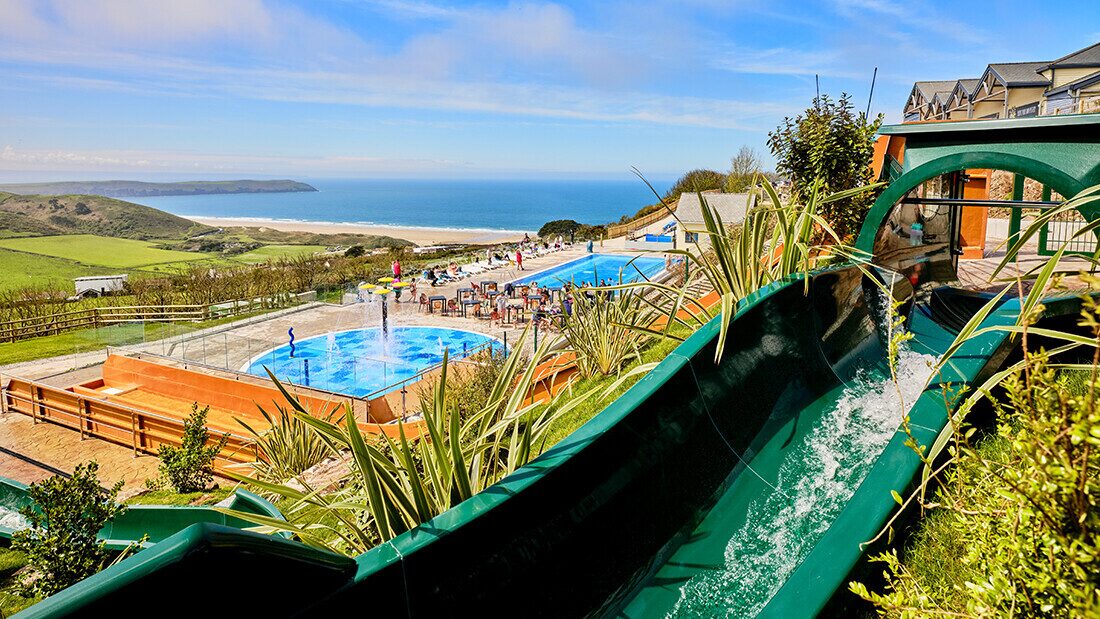 Heated outdoor swimming pool at Woolacombe Bay Holiday Park