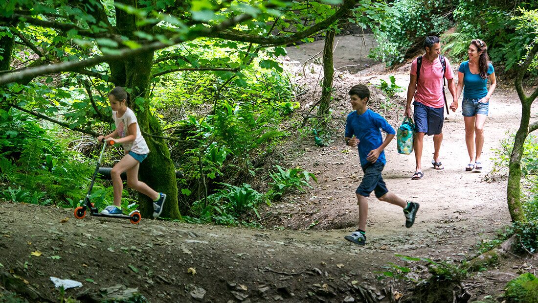 Donkey path to the beach from Twitchen House Family walking through woodland trail to the beach at Twitchen House Holiday Park in Woolacombe, North Devon.