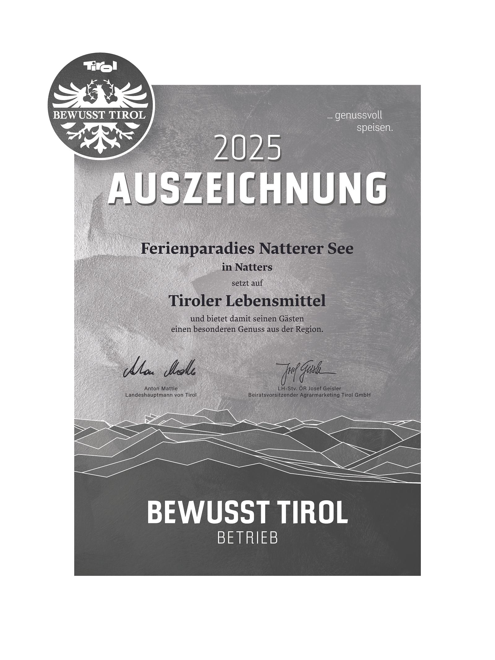 Bewusst Tirol Auszeichnung für das See Restaurant in Natters