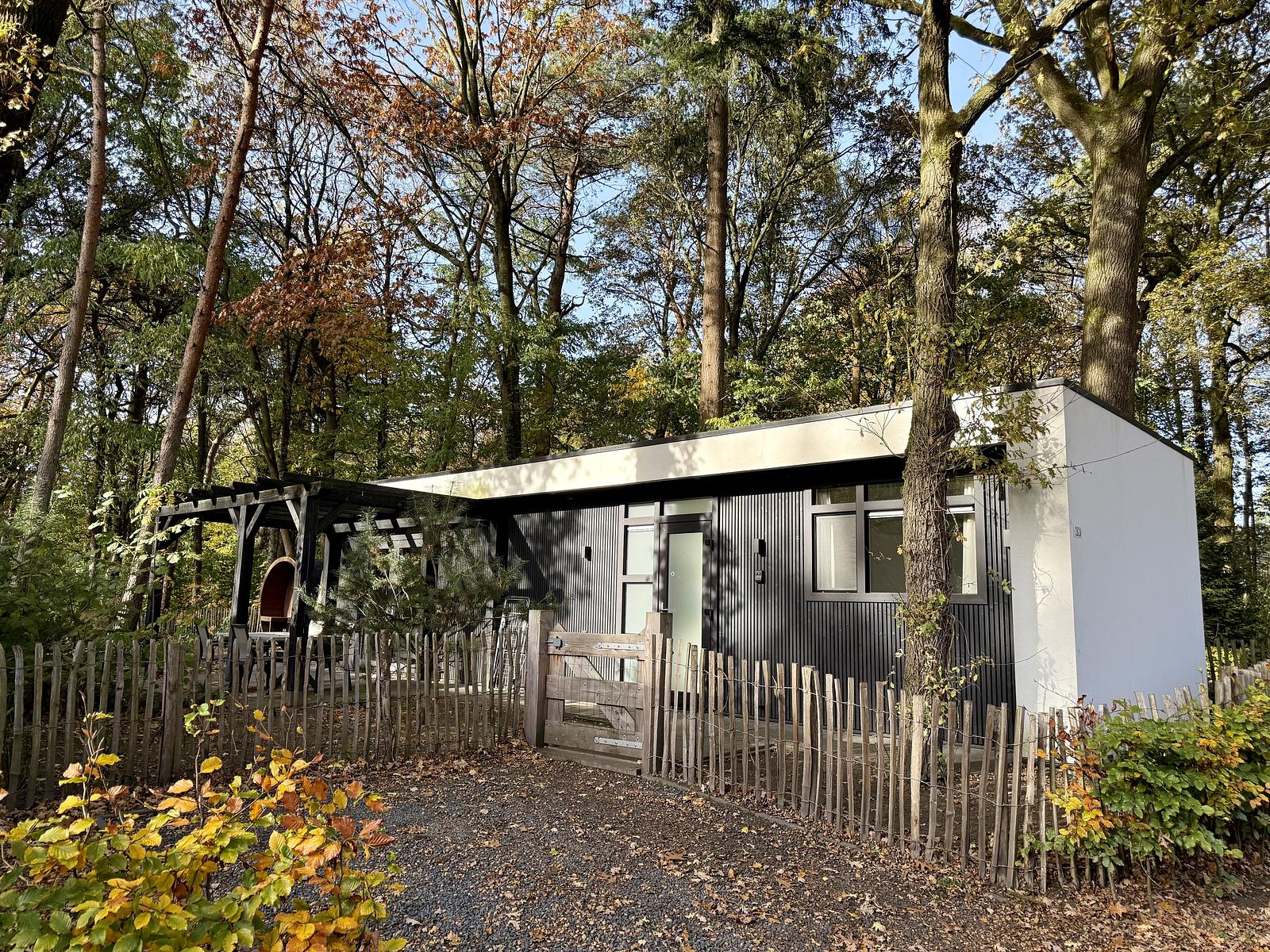 Ein Ferienhaus direkt eingebettet in die Natur und umgeben von Bäumen und Büschen