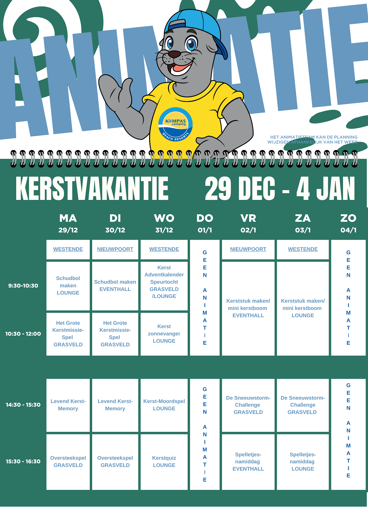 Animatieplanning week 1 kerstvakantie 2025