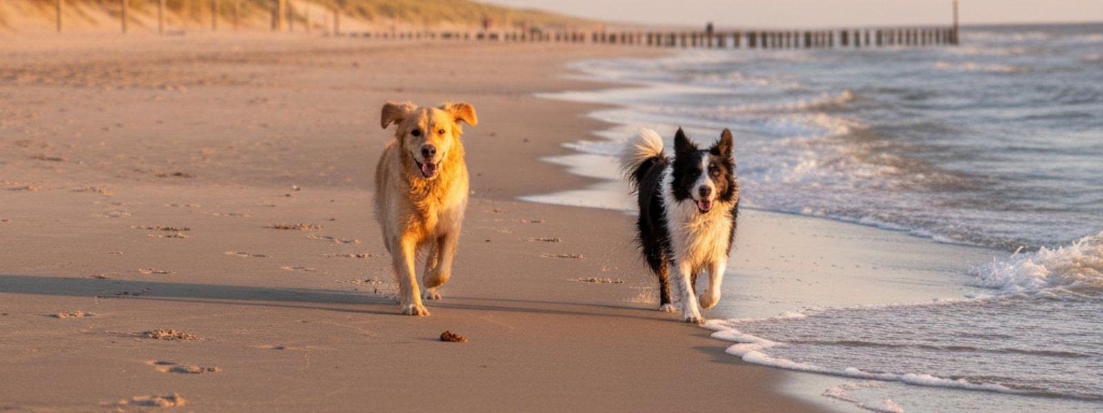 Met de hond over het strand op Texel Twee honden rennen ontspannen over het strand van Texel, met zee, duinen en veel ruimte om vrij te bewegen