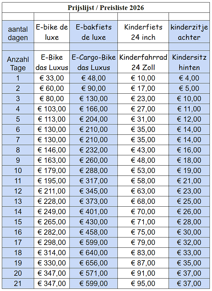price list bike rental