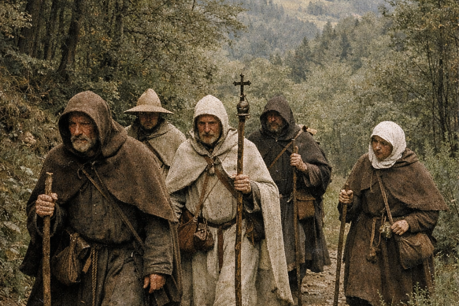 pelgrims op pelgrimstocht