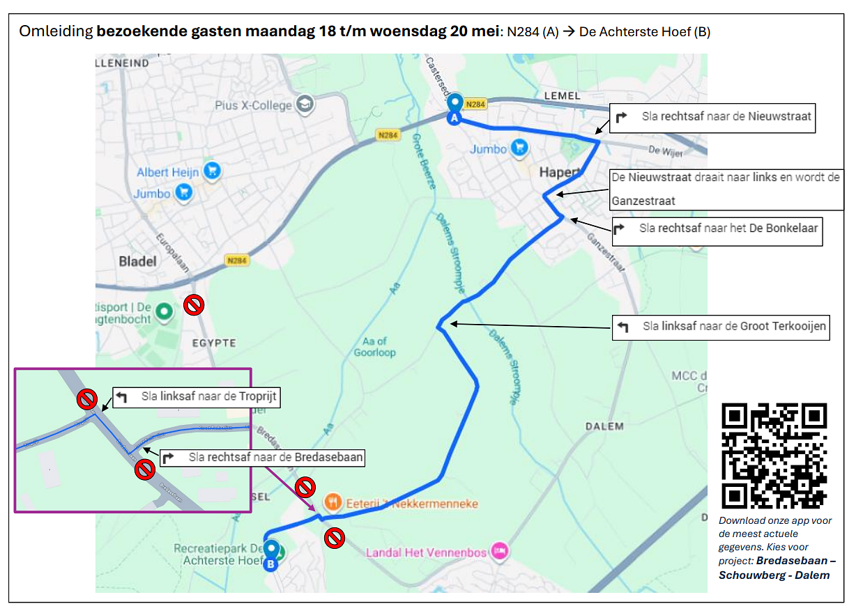 Omleiding bezoekende gasten maandag 18 t/m woensdag 20 mei