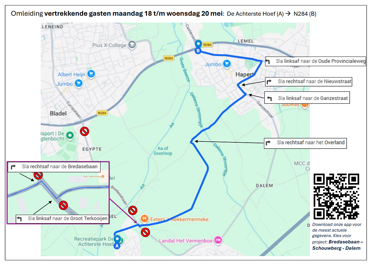 Omleiding vertrekkende gasten maandag 18 t/m woensdag 20 mei