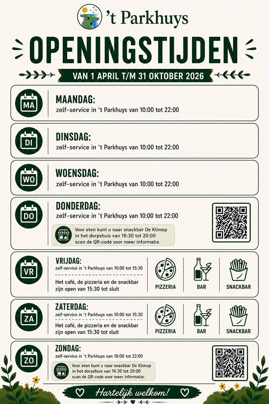 Openingstijden eetcafé 't Parkhuys en Café de Klimop