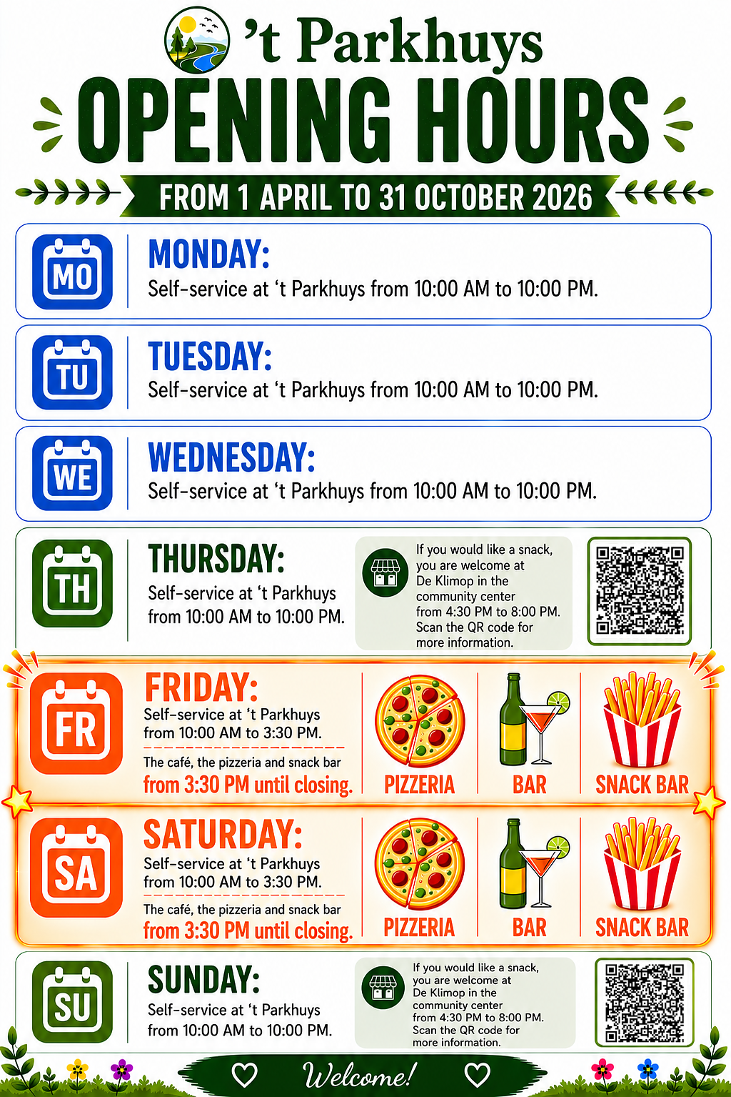 Opening hours eatery 't Parkhuys and Café de Klimop