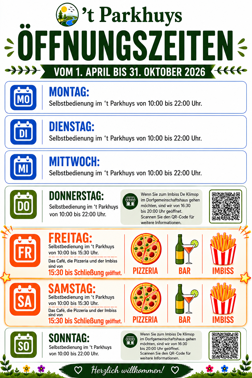 Opening hours eatery 't Parkhuys and Café de Klimop