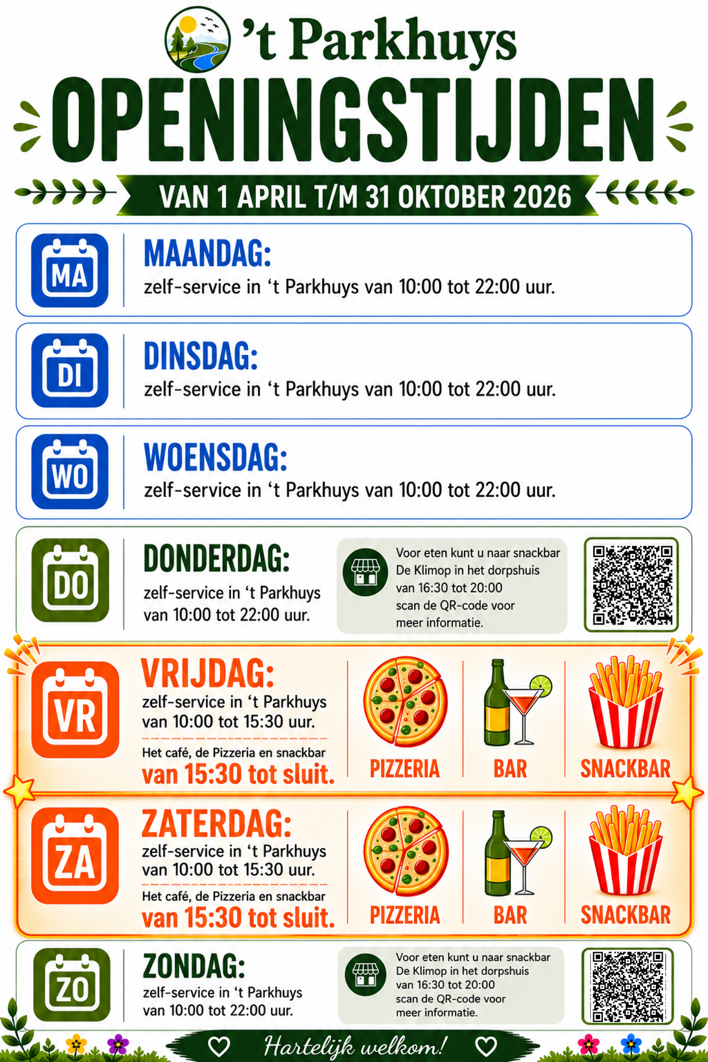 Opening hours eatery 't Parkhuys and Café de Klimop