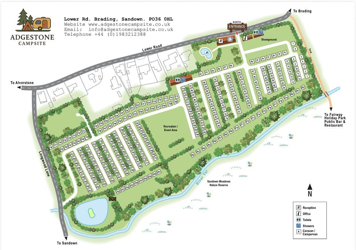 Illustrated site plan of Adgestone Campsite on Lower Road, Brading, showing reception, pitches, the fishing lake, the River Yar and Sandown Meadows nature reserve