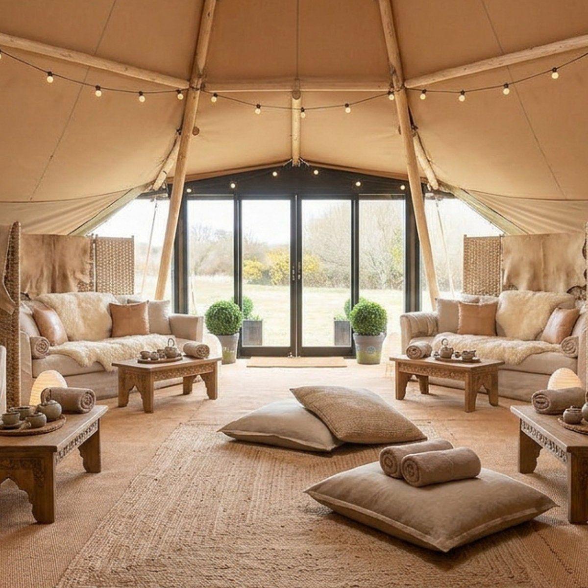 Luxury relaxation yurt at Firefly Spa, Silverlake Estate Dorset, featuring comfortable lounge seating and tranquil spaces designed for rest and wellbeing.