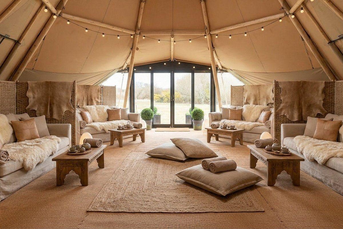 The relaxation yurt at Firefly Spa, Silverlake Estate, Dorset, offering a peaceful wellness retreat with comfortable lounge seating and calming countryside views.