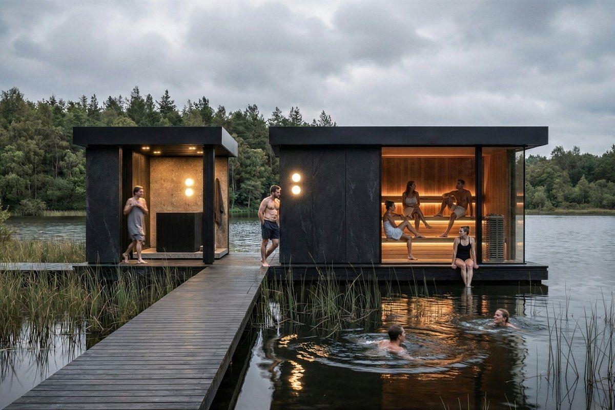 The sauna and cold plunge at Firefly Spa, Silverlake Estate, Dorset, providing a revitalising lakeside wellness experience inspired by Scandinavian heat and cold therapy.