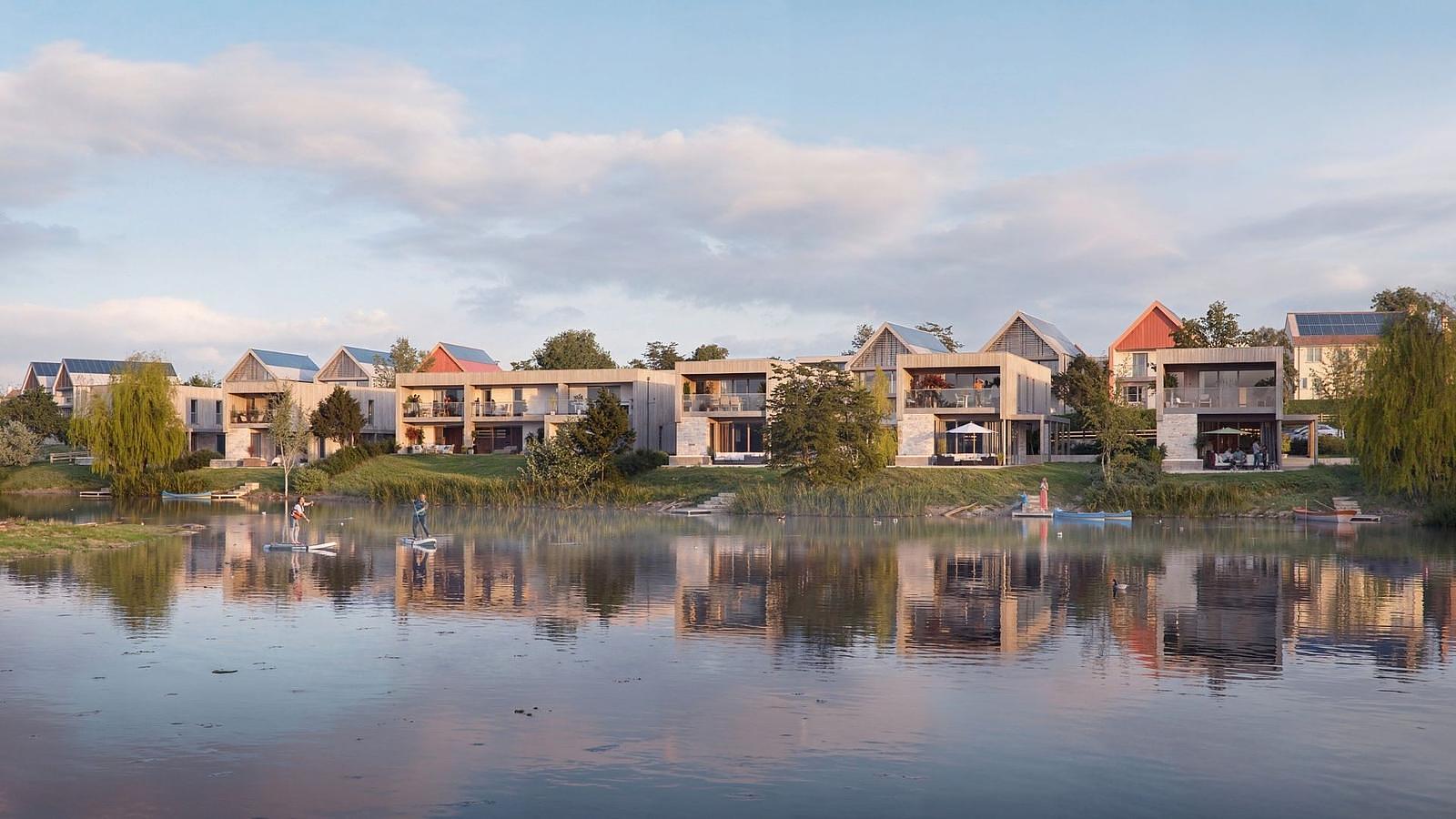 CGI of proposed the Deanesly Point at Silverlake Estate, Dorset, featuring contemporary lakeside homes beside a tranquil lake.