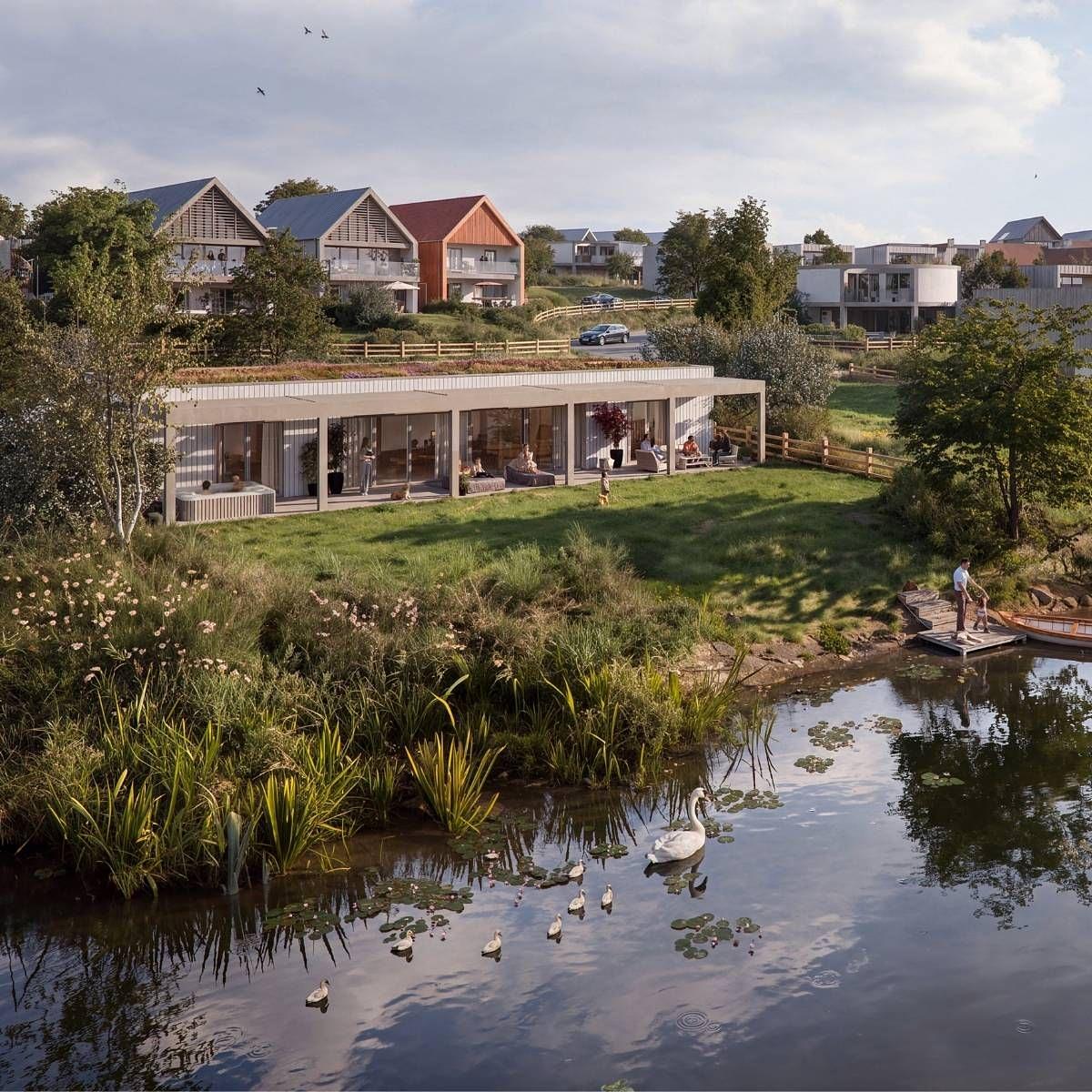 CGI visualisation of a proposed lakeside plot at Deanesly Point, Silverlake Estate, showing a contemporary waterfront home with private garden, jetty and views across a landscaped lake. CGI visualisation of a proposed lakeside plot at Deanesly Point, Silverlake Estate, showing a contemporary waterfront home with private garden, jetty and views across a landscaped lake.