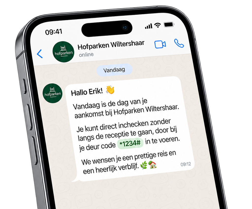 WhatsApp bericht van Hofparken met persoonlijke deurcode