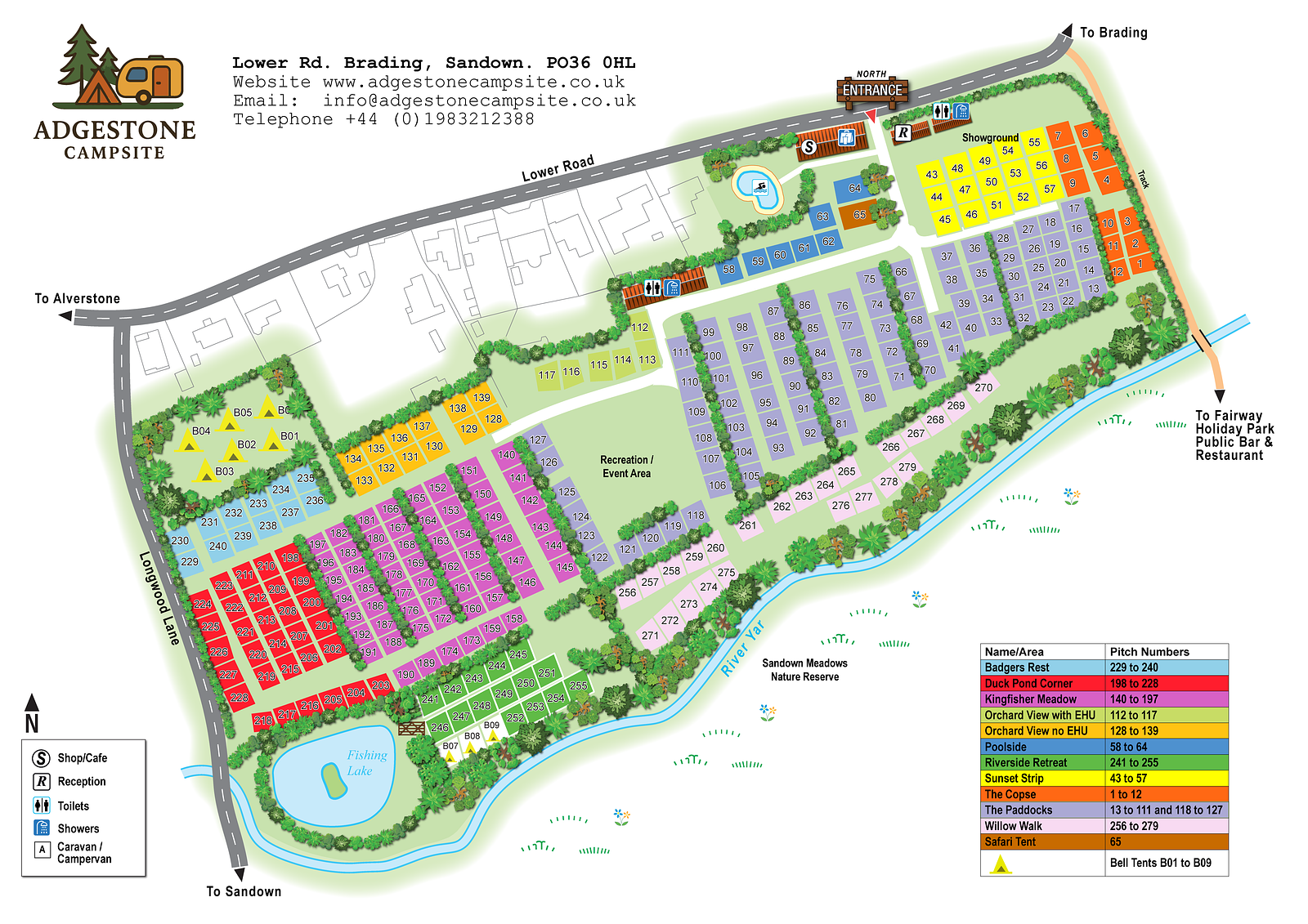 Illustrated site plan of Adgestone Campsite on Lower Road, Brading, showing reception, pitches, the fishing lake, the River Yar and Sandown Meadows nature reserve