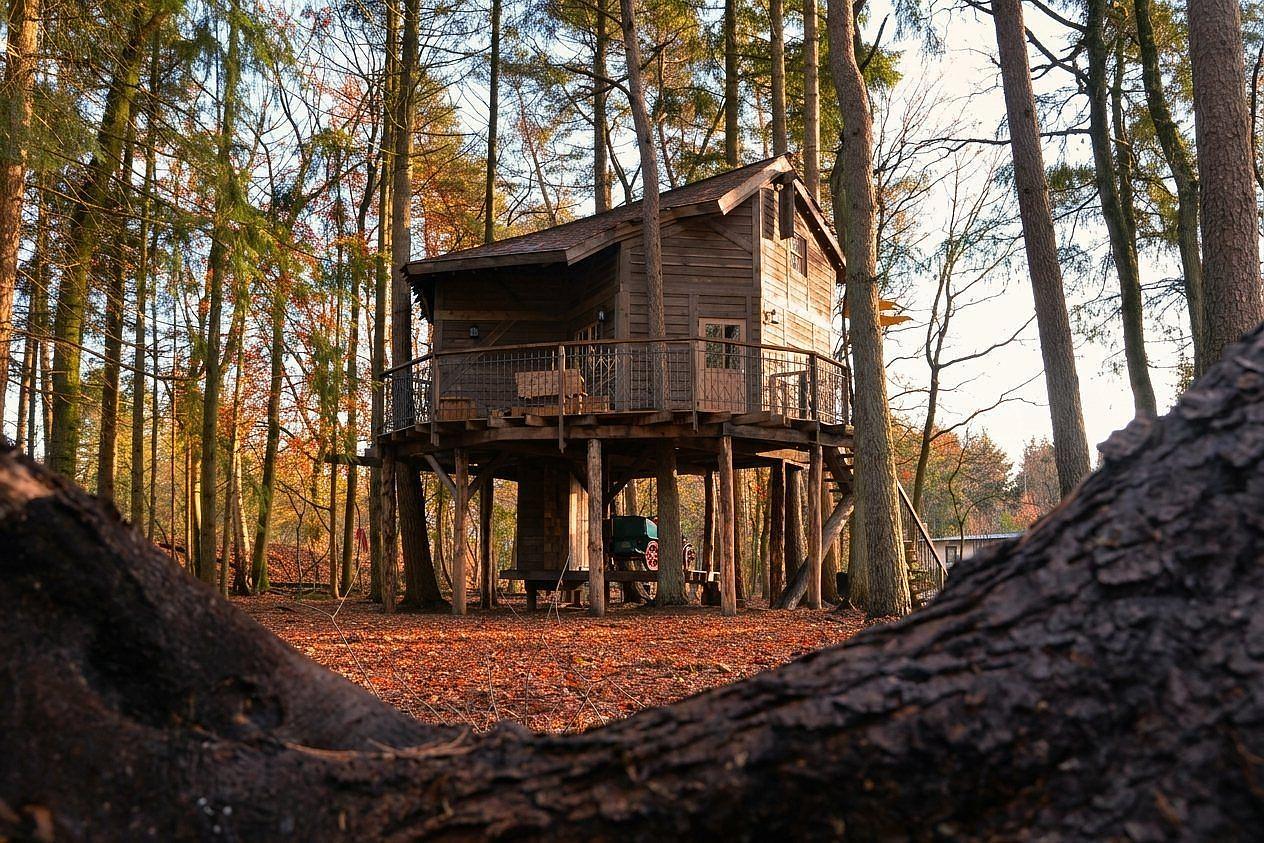 Boomhut tussen de herfstbomen op Vakantiepark Drouwenerzand in Drenthe