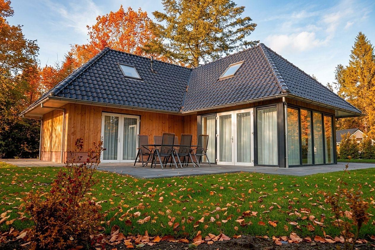 Modern vakantiehuis met veel glas in de herfst, Vakantiepark Drouwenerzand