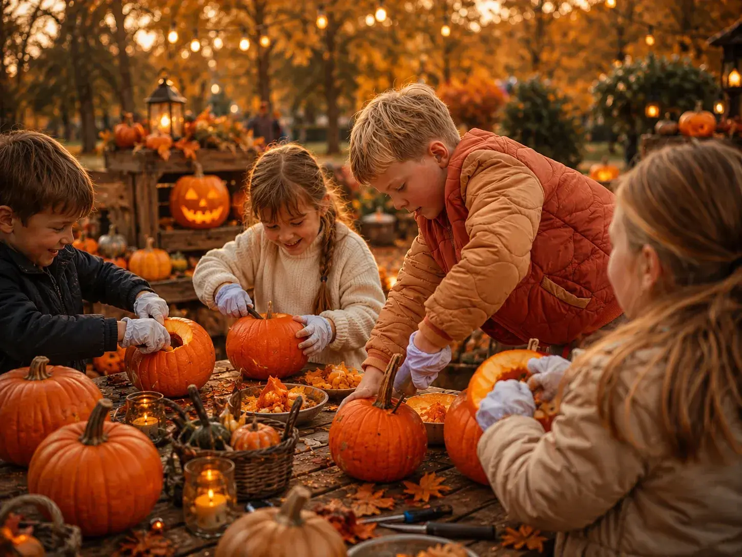 Pompoenen uithollen tijdens Happy Halloween in Attractiepark Drouwenerzand