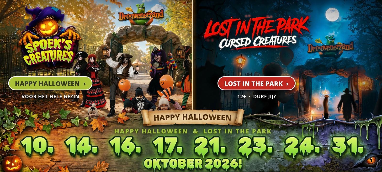 Halloween 2026 bij Drouwenerzand: Happy Halloween voor het hele gezin en Lost in the Park (12+) op 10, 14, 16, 17, 21, 23, 24 en 31 oktober