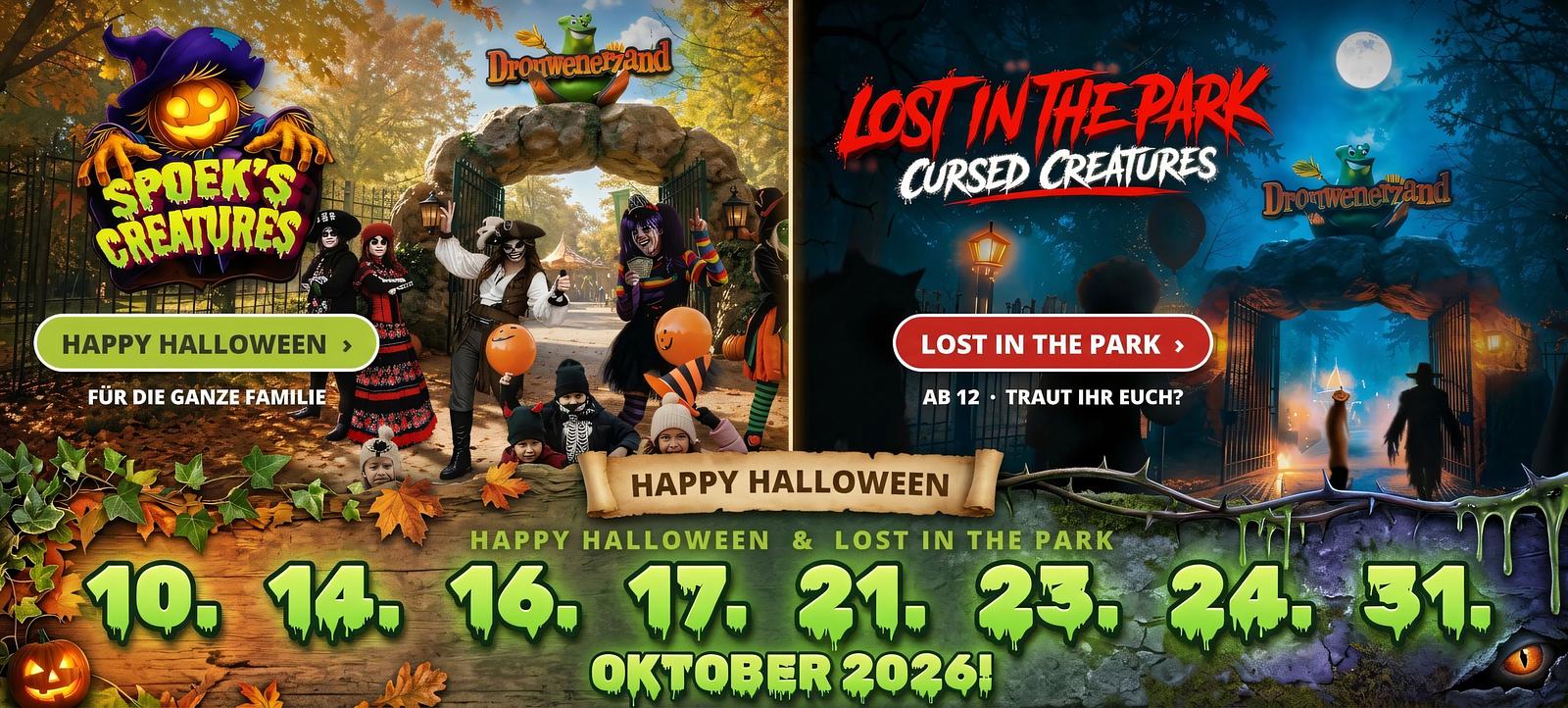 Halloween 2026 im Drouwenerzand: Happy Halloween für die ganze Familie und Lost in the Park (ab 12) am 10., 14., 16., 17., 21., 23., 24. und 31. Oktober